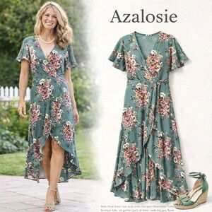 Azalosie Floral Faux Wrap Surplice,Midi Dress Lined Flutter-Sleeve Boho, Size L